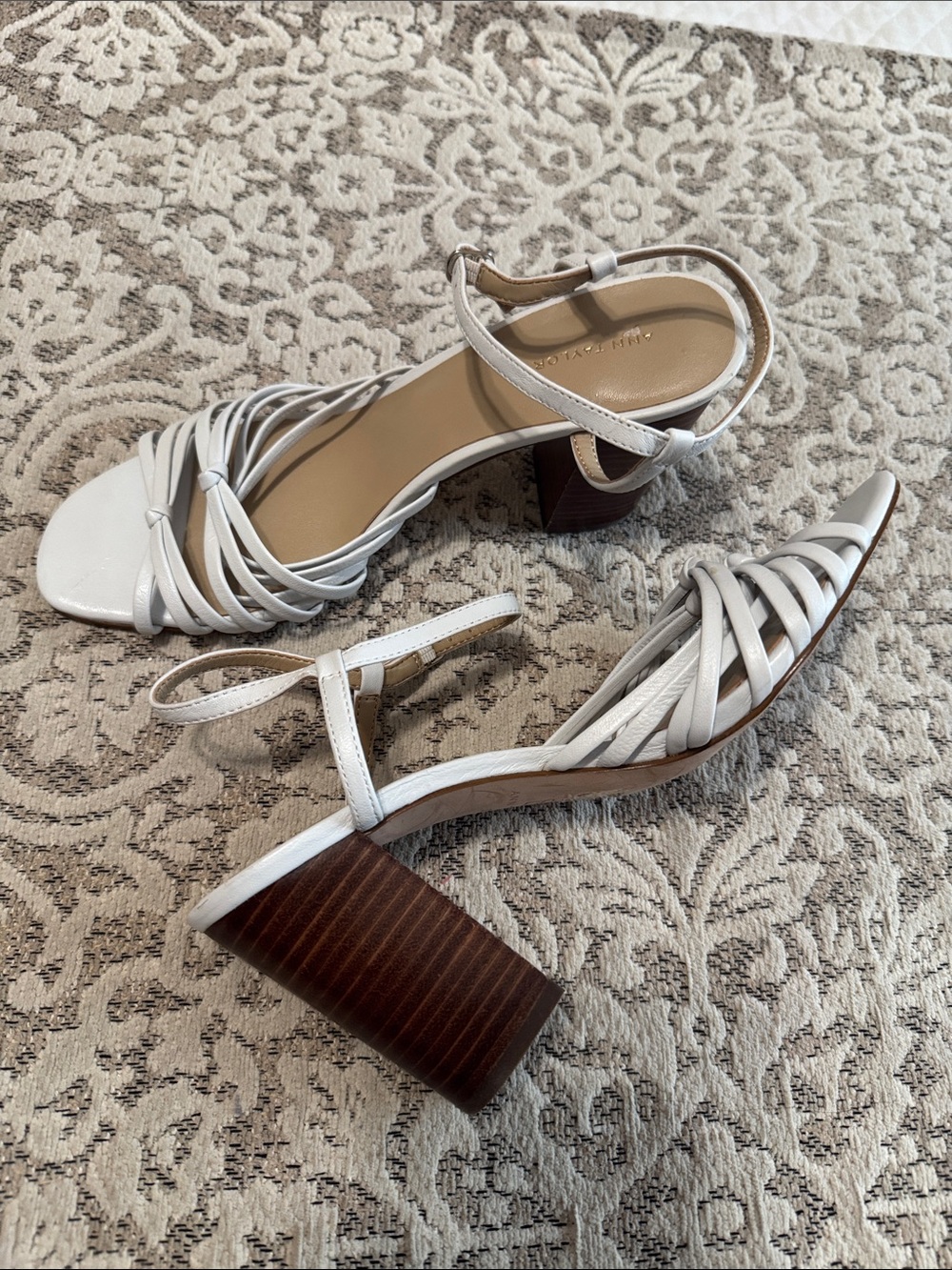 Strappy White Block Heel Sandals with Ankle Strap Ann Taylor’!